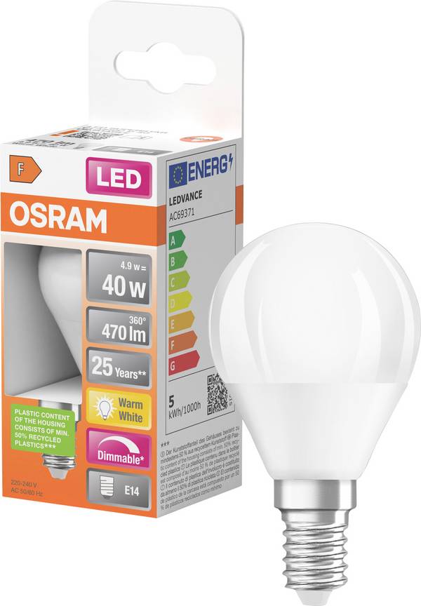 OSRAM HOMELIGHTING 4058075430938 LED EEK F (A - G) E14 Glühlampenform 4.9 W = 40 W Warmweiß (Ø x H) 45 mm x 80 mm dimmbar 1 St.