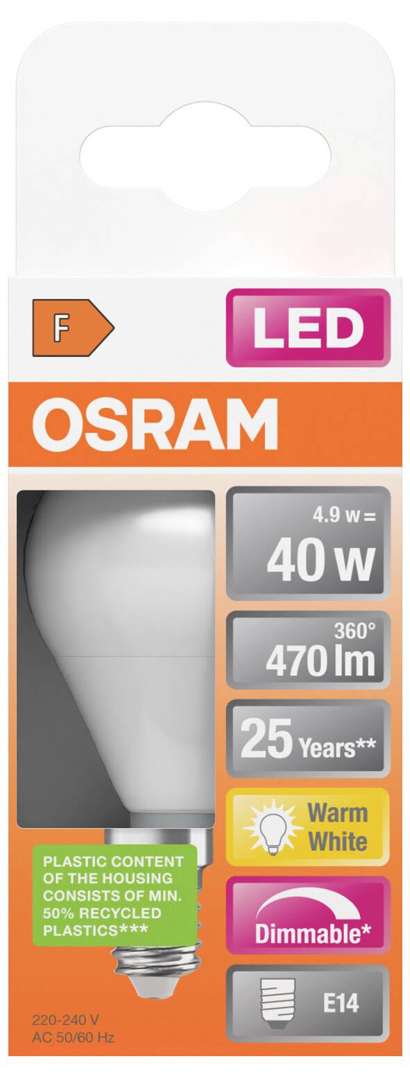 OSRAM LED-Glühbirne Verpackung mit einer dimmbaren warmweißen E14-Birne, 4,9W = 40W, 470 lm, 25 Jahre, 360° Licht.