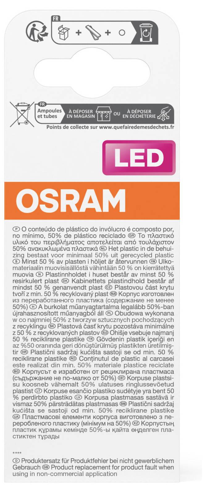 OSRAM LED-Glühbirnenverpackung mit rosa "LED"-Etikett und orangem OSRAM-Branding; enthält Recycling-Entsorgungsanweisungen in mehreren Sprachen.
