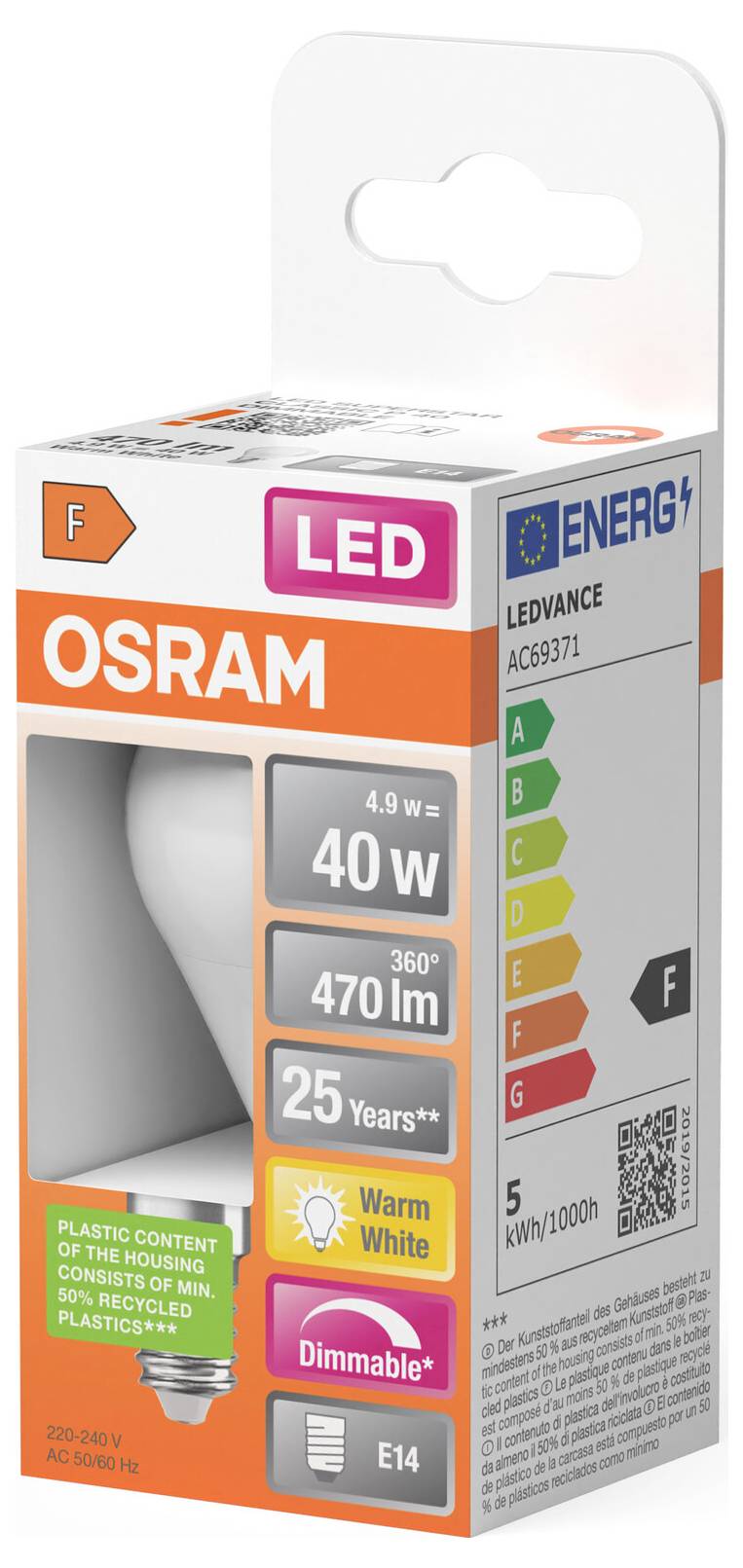 OSRAM LED-Glühbirnen-Verpackung mit einer 40-W-Äquivalent-Warmweiß-dimmbare E14-Glühbirne, Energieetikett und 25-Jahre-Garantie.