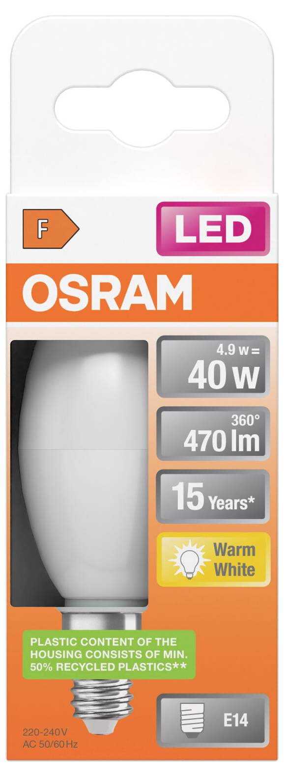 OSRAM LED-Glühbirne in einer Packung mit Angabe 40W, 470 lm, warmweiß, E14, mit Garantie einer Lebensdauer von 15 Jahren und Hinweis auf Kunststoffgehalt.