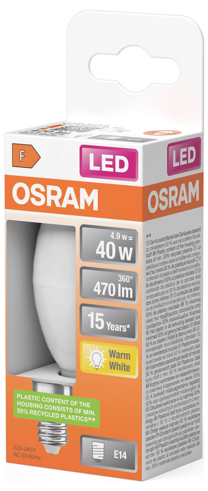 OSRAM LED-Glühbirne, 4,9 W entspricht 40 W, 470 Lumen, Warmweiß, E14-Sockel, 15 Jahre, in einer Einzelhandelsverpackung gezeigt.