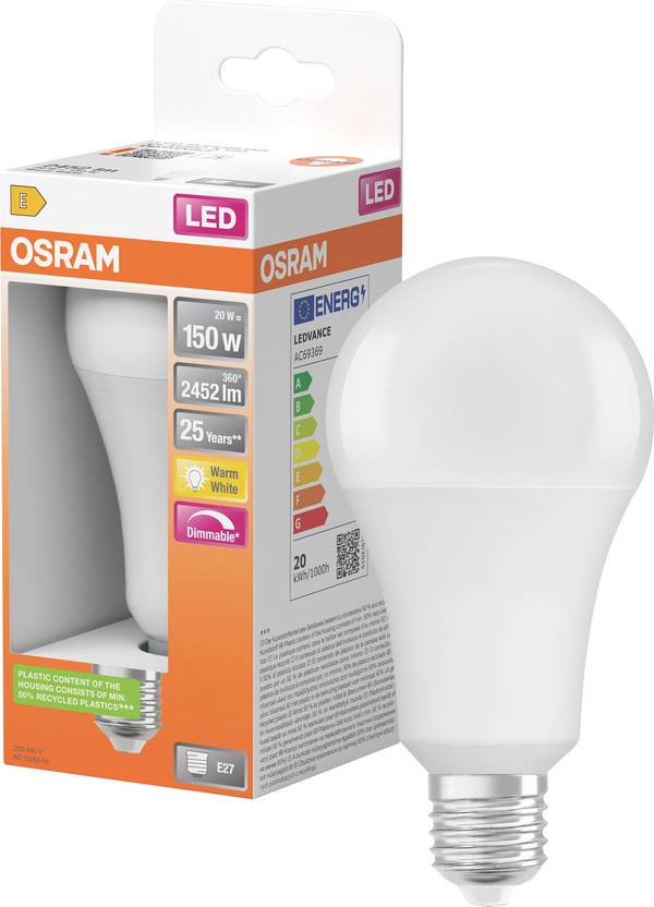 OSRAM HOMELIGHTING 4058075433847 LED EEK E (A - G) E27 Glühlampenform 20 W = 150 W Warmweiß (Ø x H) 70 mm x 137 mm dimmbar 1 St.