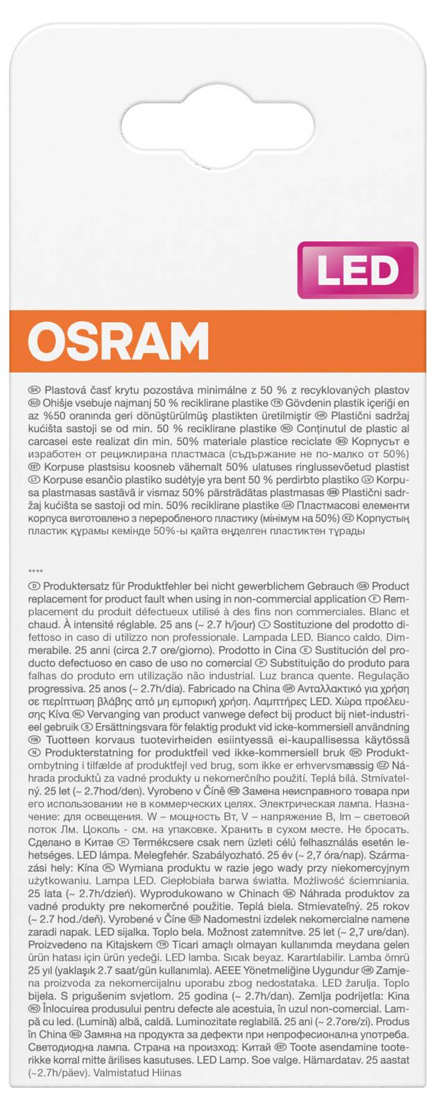 OSRAM-LED-Produktverpackung: Weiße Schachtel mit orangem OSRAM-Logo, rosa "LED"-Etikett und kleinem mehrsprachigen Produktinformationstext.