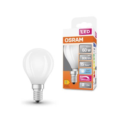 LED-Glühbirne von Osram, E14, 5,5 W, 806 lm, dimmbar, kühle Weißlichtfarbe, mit Verpackung. Energieeffizienzklasse E, Lebensdauer 15 Jahre.
