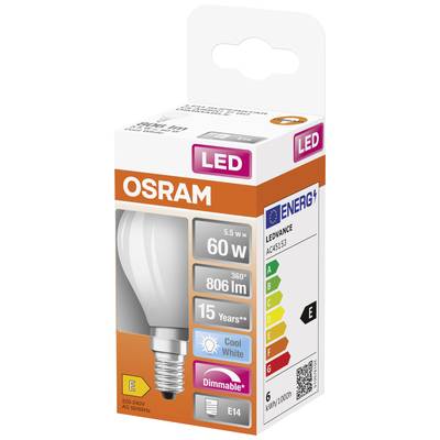 'Osram LED-Glühbirnenverpackung, 5,5 W, ersetzt 60 W, 806 Lumen, E14-Fassung, dimmbar, 15 Jahre Lebensdauer, Energieklasse E.'