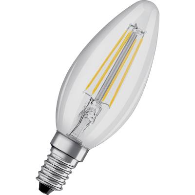 Energiesparende LED-Glühbirne in Kerzenform, durchsichtig mit sichtbaren Filamenten, geeignet für Wohn- oder Arbeitsbereiche.