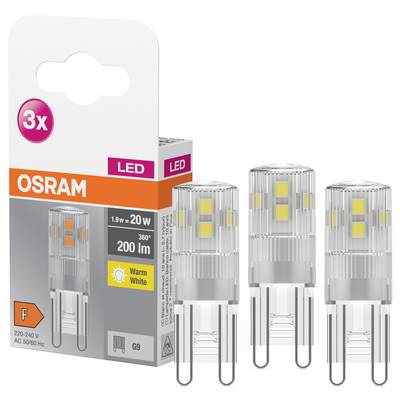 LED-Leuchtmittel-Set von OSRAM: Drei G9-Lampen, 1,9 W (entspricht 20 W), 200 Lumen, warmweiß, Energieklasse F. Verpackung zeigt Details.