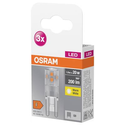 OSRAM LED-Lampe, 3er-Pack, 1,9W ersetzt 20W, 200 Lumen, warmweiß, 220-240V, Energieeffizienzklasse F, für G9-Sockel.