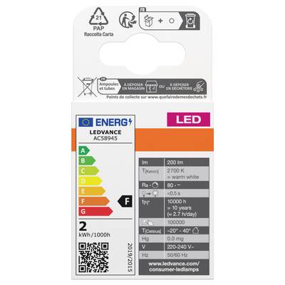 'LED-Lampe von Ledvance, Energieklasse F, 200 lm, 2700 K, warmweiß. Lebensdauer 15.000 h, 2 kWh/1000 h laut Etikett.'