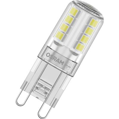 'OSRAM LED-Lampe G9, zylindrische Form, transparente Basis, sichtbare gelbe LED-Komponenten.'