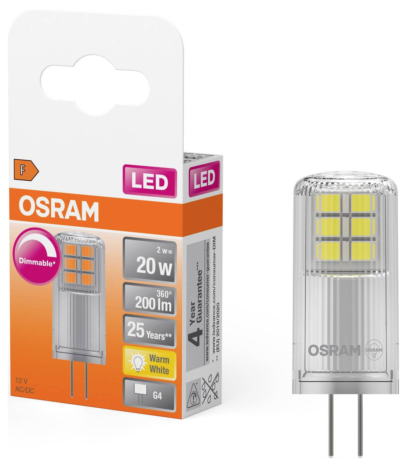 Eine dimmbare LED-Lampe von Osram in einer Verpackung. Sie hat 2 W, entspricht 20 W, hat 200 lm, 360° Abstrahlwinkel und eine Lebensdauer von 25.000 Stunden.