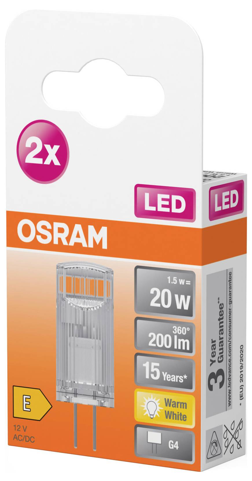 LED-Leuchtmittel von OSRAM, 2er-Pack, 1,5 W (entspricht 20 W), Lichtfarbe 'Warm White', 200 Lumen, 360° Lichtwinkel, 3 Jahre Garantie.