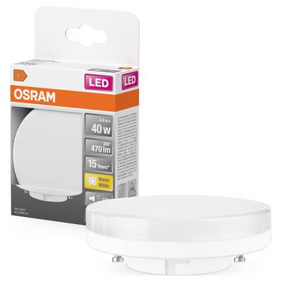 Eine OSRAM LED-Lampe, 40 Watt, 470 Lumen, warmweiß, neben der zugehörigen Produktverpackung auf einem weißen Hintergrund.
