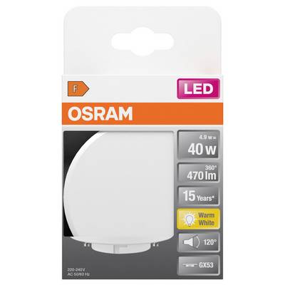 'OSRAM LED 4,9W, entspricht 40W, 470 Lumen, warmweiß, GX53, Energieklasse F, 15 Jahre Lebensdauer, Abstrahlwinkel 120°' auf Lampenverpackung.