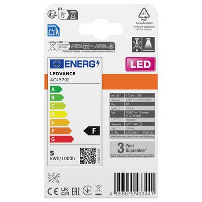 'LEDVANCE LED-Lampe, Energieeffizienzklasse F, 5 kWh/1000h, 470 lm, 2700 K, E14, 3 Jahre Garantie' auf Verpackung.
