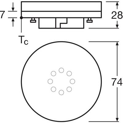 Technische Zeichnung eines runden Rauchmelders mit den Maßen 74 mm Durchmesser, 28 mm Höhe. Seitenansicht und Draufsicht.