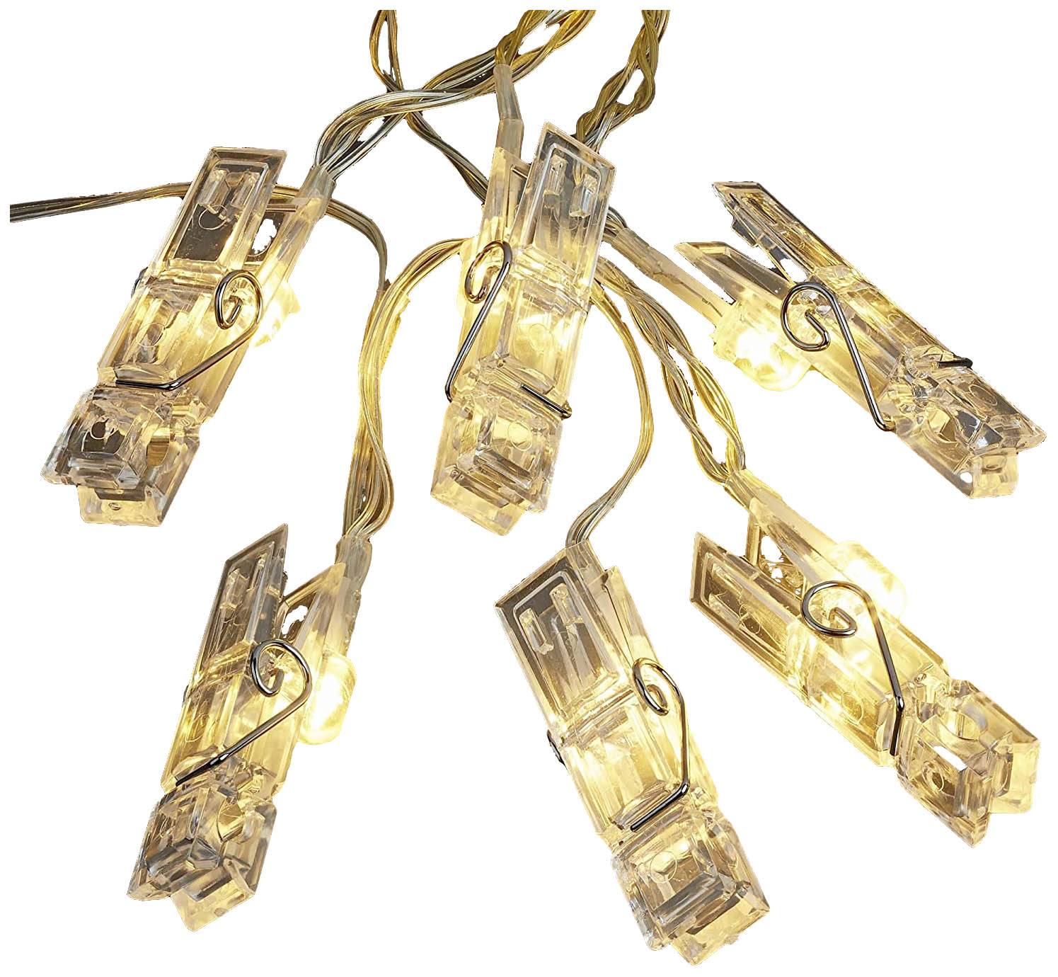 Durchsichtige Plastik-Wäscheklammern mit integrierten Lichtern, an einem Draht aufgehängt.