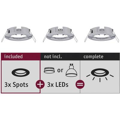 'Drei Einbauspots mit Hinweisen: enthalten sind 3 Spots; nicht enthalten sind 3 LEDs; zusammen ergeben sie vollständige Einheiten.'