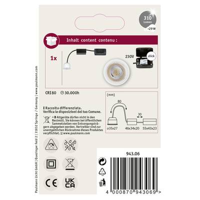 Verpackung einer LED-Lampe. Oben: Lichtleistung 310 Lumen, 29W Ersatz. Mitte: Skizze der Lampe mit EU-Stecker. Unten: Barcodes, Recyclinghinweise.
