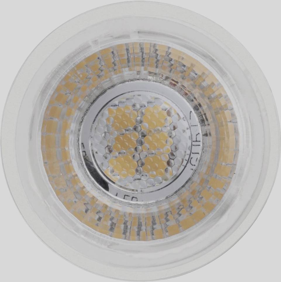 LED-Lampe von oben, zeigt die kreisförmige Anordnung der Lichtemittierenden Dioden und die reflektierende Oberfläche.