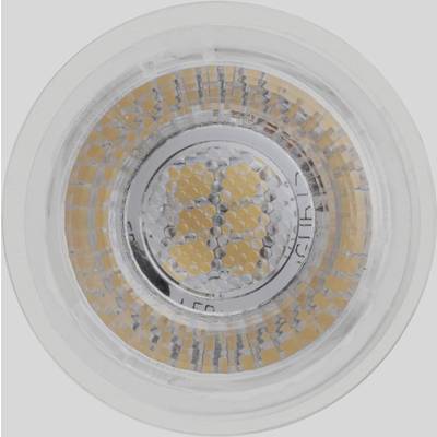 LED-Lampe von oben, zeigt die kreisförmige Anordnung der Lichtemittierenden Dioden und die reflektierende Oberfläche.