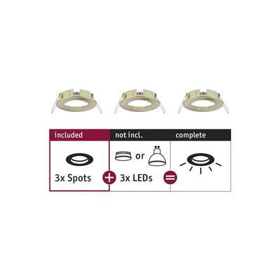 'Drei Deckenstrahler oben. Tabelle zeigt: "enthalten: 3x Spots", "nicht enthalten: 3x LEDs", "komplett: 3x LEDs in Spots".'