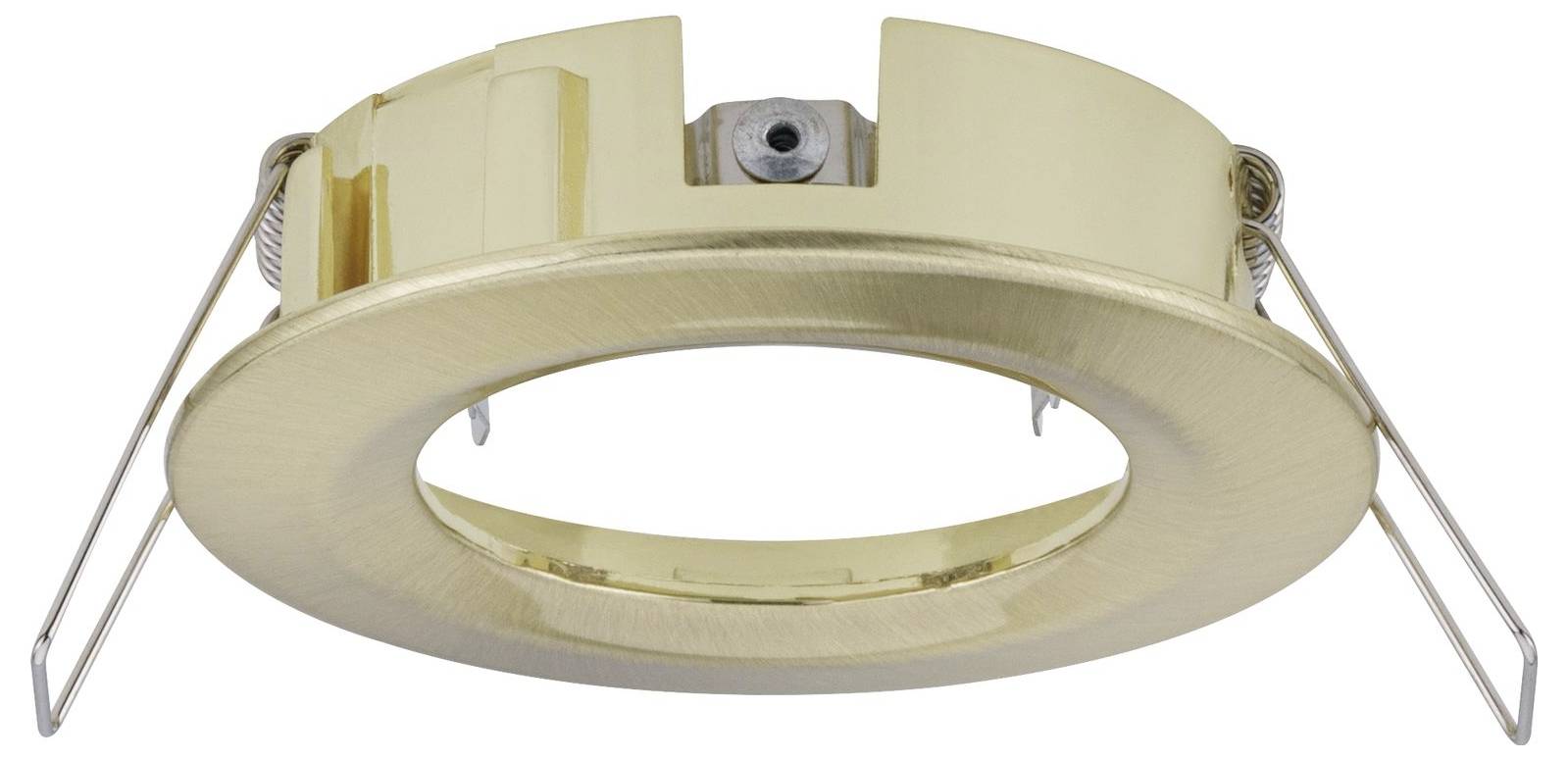 Ein runder, goldfarbener Deckenstrahler-Einbaurahmen mit seitlichen Metallbefestigungen, geeignet für die Installation von LED-Spots.