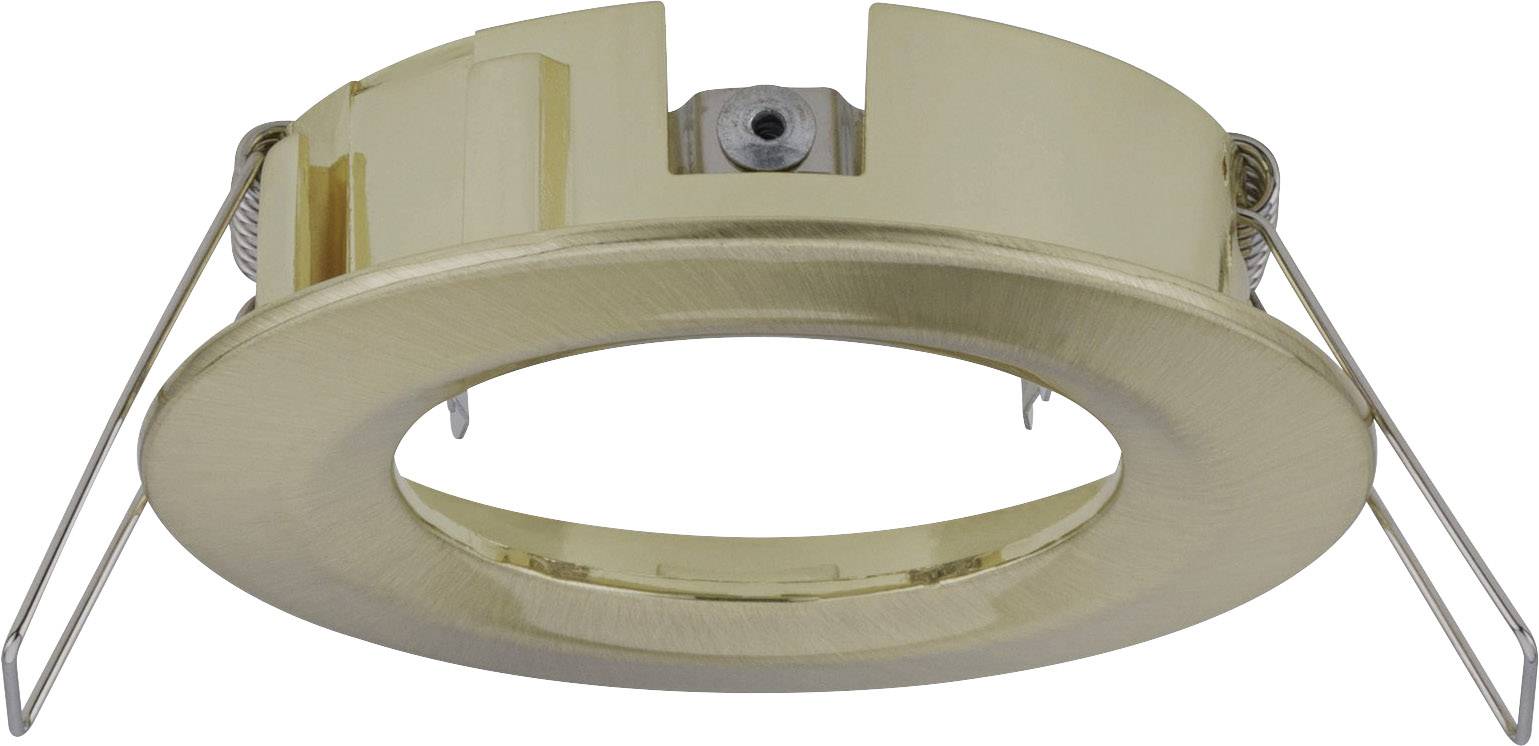 Metallene Einbaurahmen-Halterung mit zwei Federklemmen für Deckenstrahler; runde Form, goldene Farbe, geeignet für Innenbeleuchtung.
