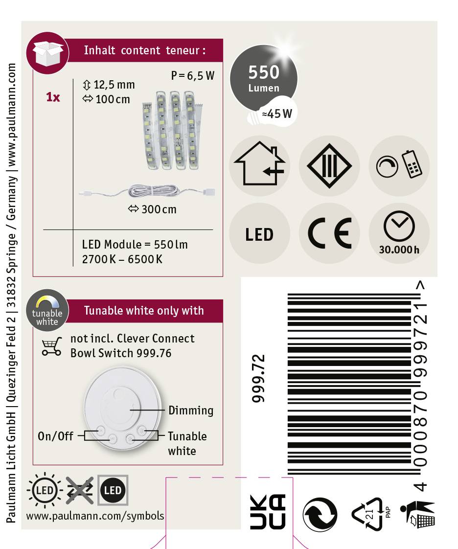 'LED-Modul 12,5 mm x 100 cm, 6,5 W, 550 Lumen, 2700K - 6500K, dimmbar. Clever Connect System. Lebensdauer 30.000h.'
