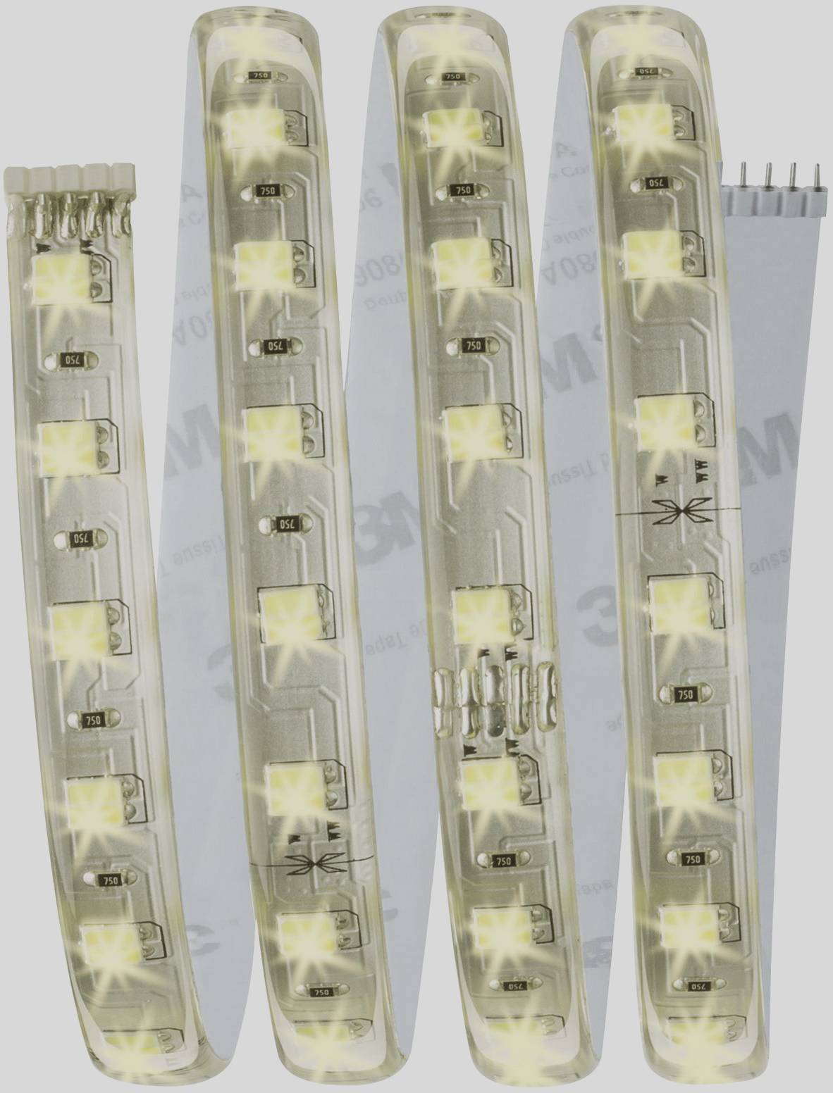 'LED-Streifen mit leuchtenden gelben Dioden, aufgerollt in vier Reihen. Geeignet für dekorative Beleuchtung oder Akzentbeleuchtung.'
