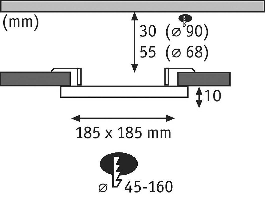 Skizze eines Einbaumaßes: Breite 185 mm, Höhe 10 mm. Deckenstärke 30-55 mm. Lochdurchmesser: 68-90 mm, symbolisiert elektrische Komponenten.