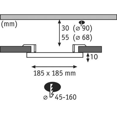 Skizze eines Einbaumaßes: Breite 185 mm, Höhe 10 mm. Deckenstärke 30-55 mm. Lochdurchmesser: 68-90 mm, symbolisiert elektrische Komponenten.