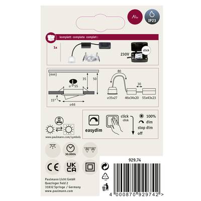 'Set mit LED-Lampe und Zubehör, 230V, leicht dimmbar. Enthält Montageanleitung mit Abmessungen und QR-Code für weitere Infos.'