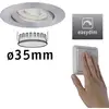 Einbauleuchte mit 'easydim'-Logo. Durchmesser 35 mm. Hand betätigt einen Lichtschalter.