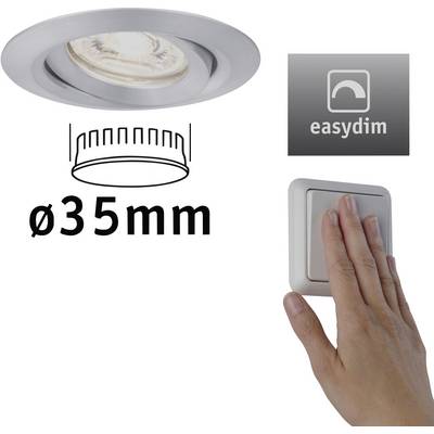 'Einbaustrahler mit 35 mm Durchmesser, dimmbar mit Easydim-Funktion. Hand betätigt Lichtschalter.'