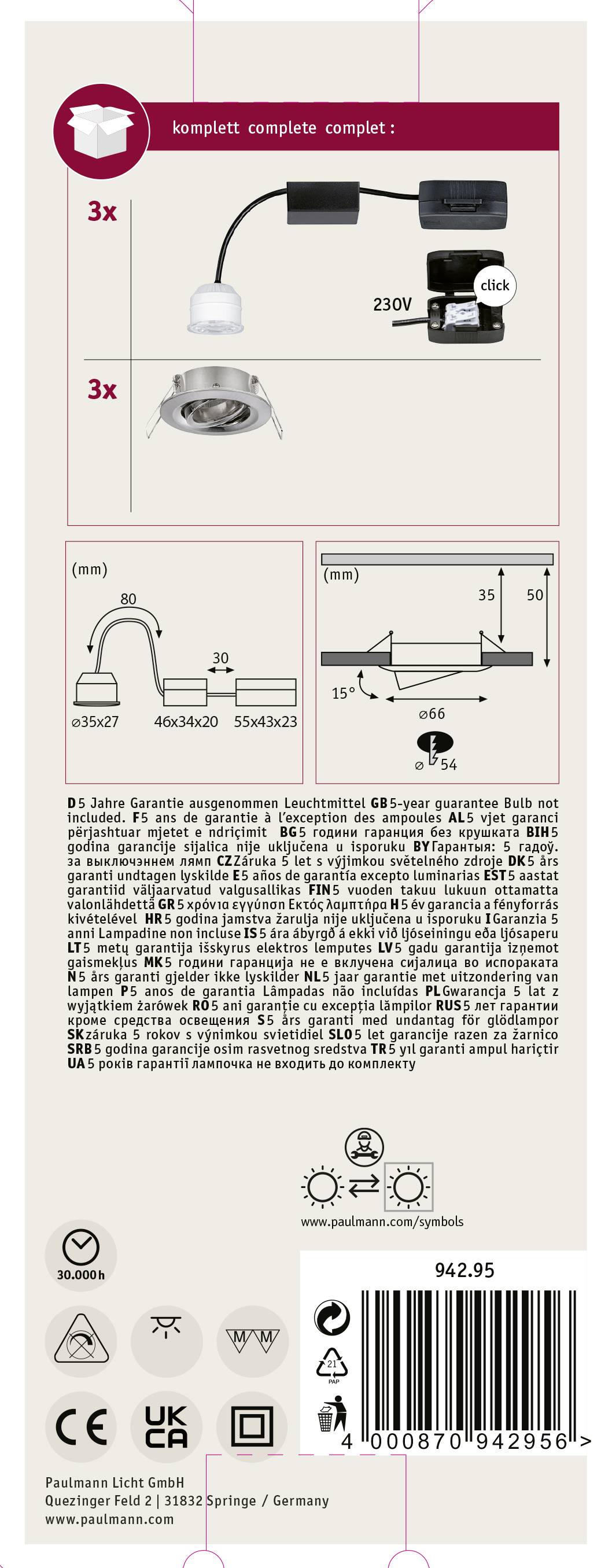 'Komplettpaket mit 3 LED-Einbauleuchten und Treiber. Abmessungen und Anschlussdiagramm gezeigt. Für 230V Spannung.'