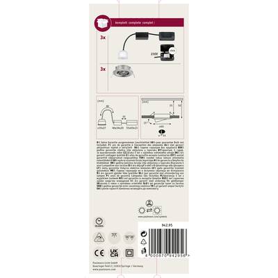 'Komplettpaket mit 3 LED-Einbauleuchten und Treiber. Abmessungen und Anschlussdiagramm gezeigt. Für 230V Spannung.'