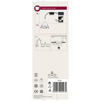 Set mit 3 weißen Einbaulampen, 230V, inklusive Fassung, Maße: 73x90mm, Einbautiefe 105mm, mit Bohrschablone, Artikelnummer: 942.97.