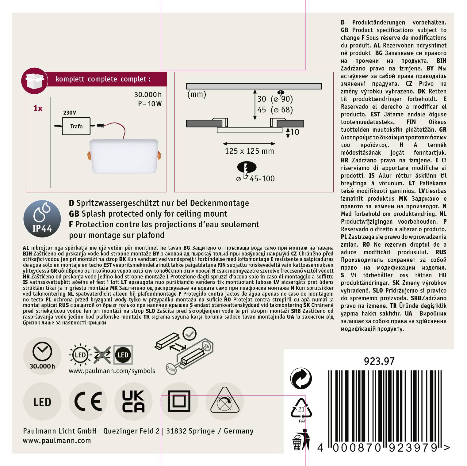 Verpackungsrückseite einer Lampe mit Sicherheits- und Installationshinweisen in mehreren Sprachen. Symbole für IP44 und Energieeffizienz.