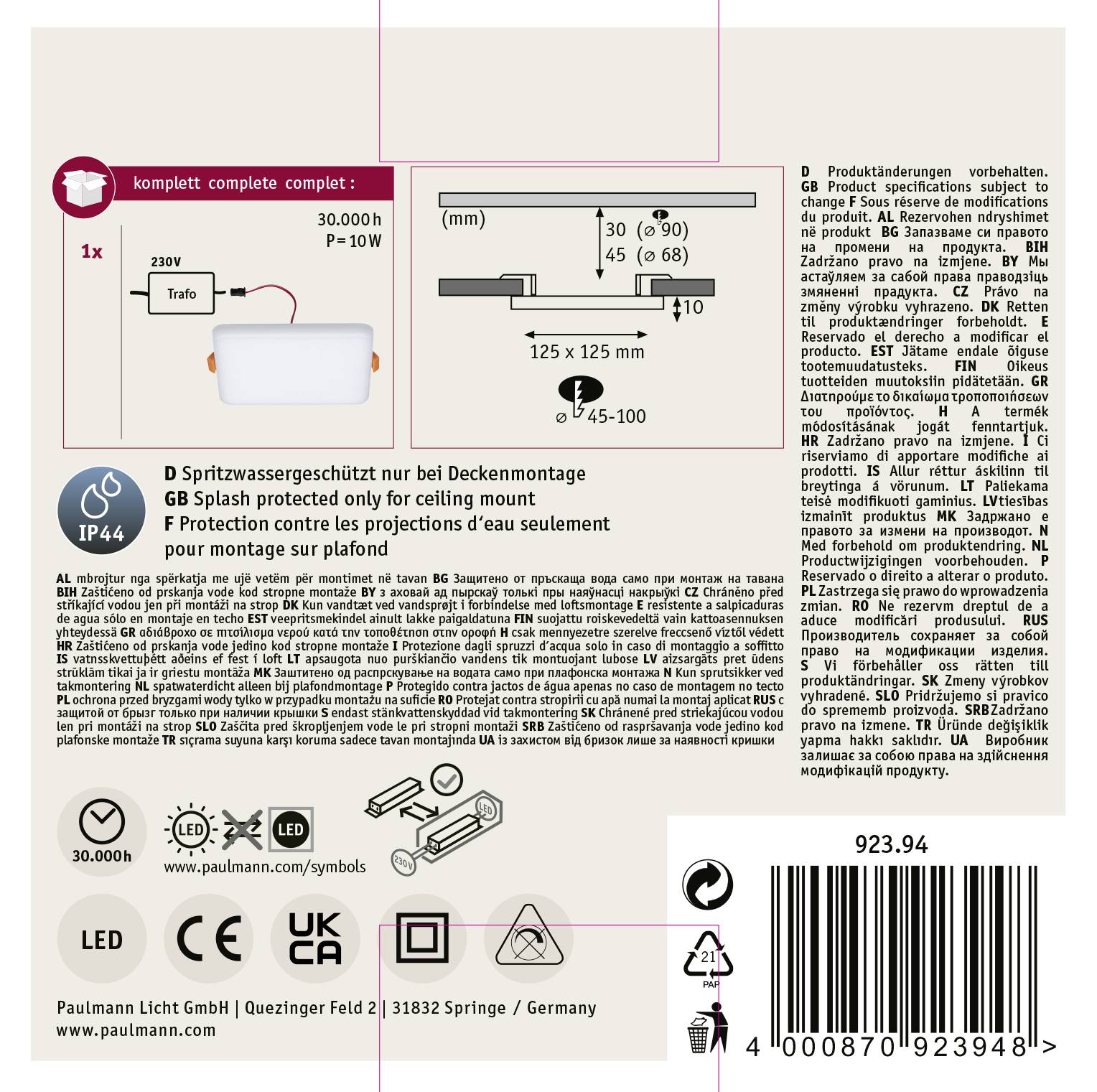 'Paulmann Licht GmbH' Produktverpackung. Enthält Angaben zur Produktinstallation, Schutzklasse IP44, Produktspezifikationen und Qualitätssiegel.