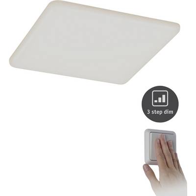 Quadratische, flache Deckenlampe mit Dreistufendimmer-Symbol. Hand schaltet Lampe mit Wandschalter ein.