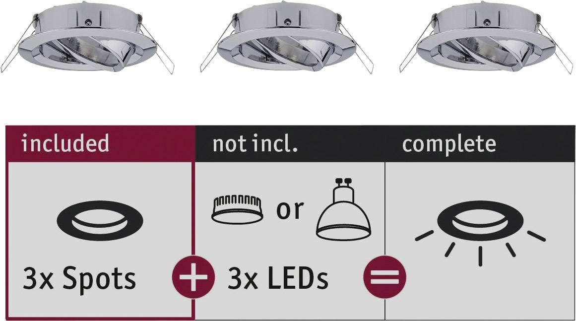 'Drei Deckenstrahler mit Hinweis: 3 Spots enthalten. Nicht enthalten: 3 LEDs oder 3 Leuchten. Komplett: inklusive LEDs und Spots.'