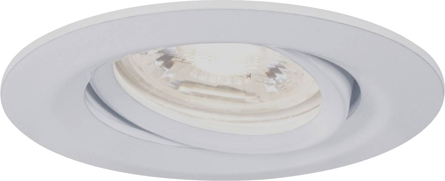 Runde weiße Einbaustrahler-Lampe in der Decke installiert. Sie hat ein modernes Design und leuchtet hell.