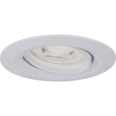 Runde weiße Einbaustrahler-Lampe in der Decke installiert. Sie hat ein modernes Design und leuchtet hell.