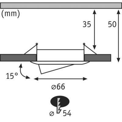 Diagramm einer Einbauleuchte mit Maßen: 35 mm Tiefe, 50 mm Höhe, Neigungswinkel 15°, Durchmesser Einbauöffnung 66 mm, Durchmesser Leuchte 54 mm.