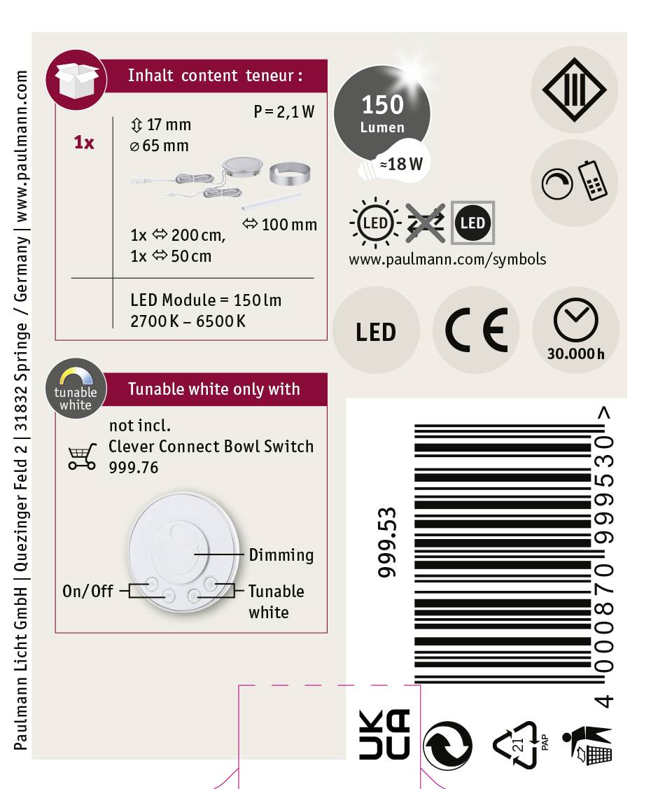 'LED-Modul, Ø 150 mm, 150 Lumen, 2700K - 6500K, dimmbar, Energieverbrauch 2,1 W, 30.000 Stunden Lebensdauer. Symbole: LED, CE.'