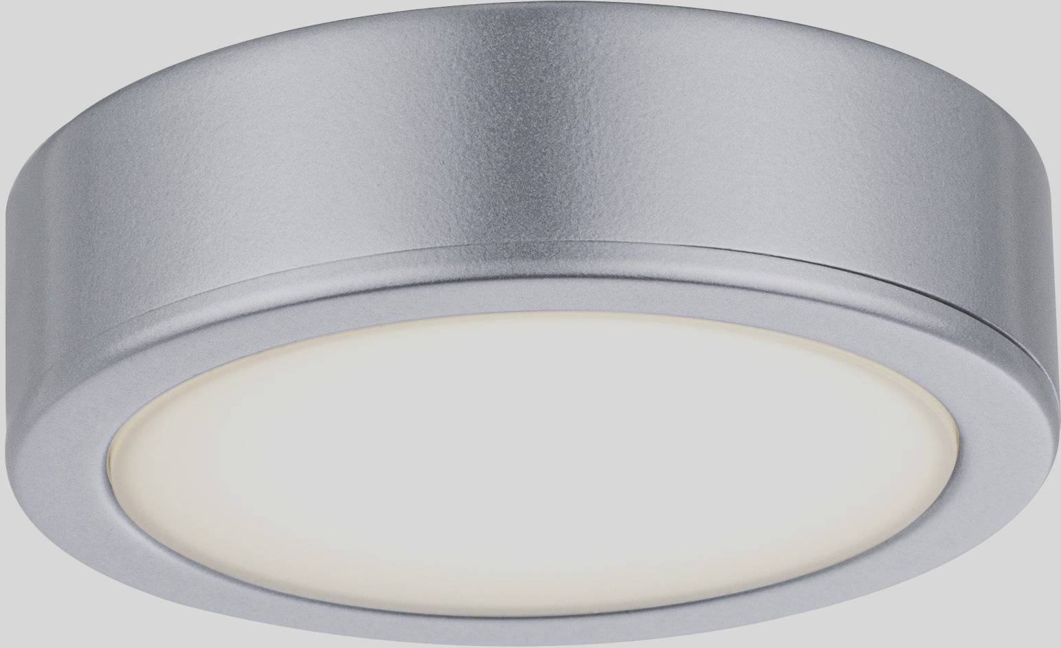 Runde, flache LED-Deckenleuchte in Silber, strahlt warmweißes Licht aus. Ideal für moderne Wohn- oder Arbeitsbereiche.