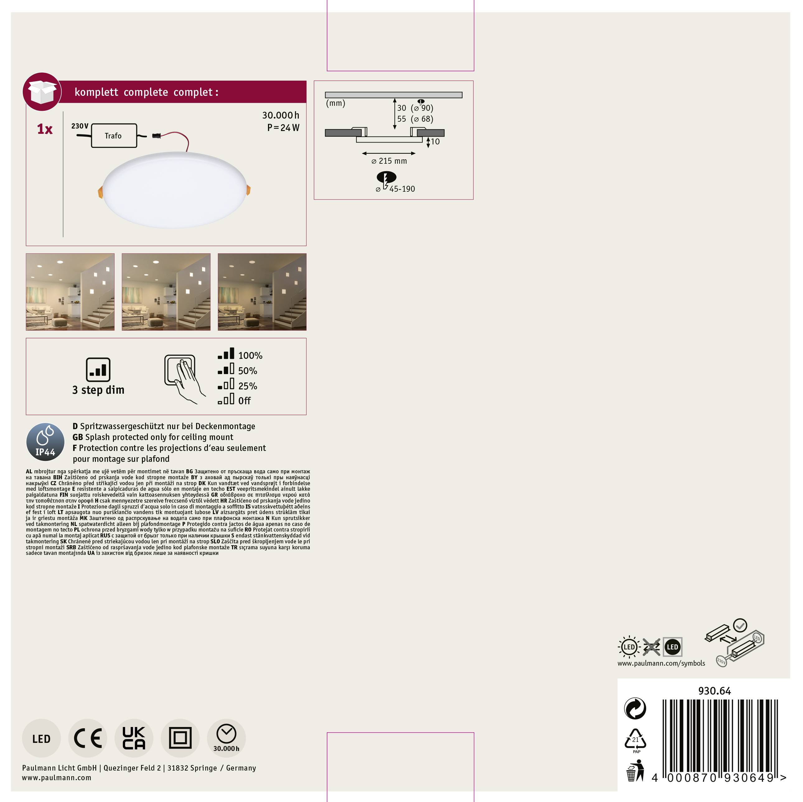 Deckenleuchte mit rundem Design, 30.000h Lebensdauer, 22W, dimmbar in 3 Stufen. Abbildungen zeigen unterschiedliche Beleuchtungsszenarien.