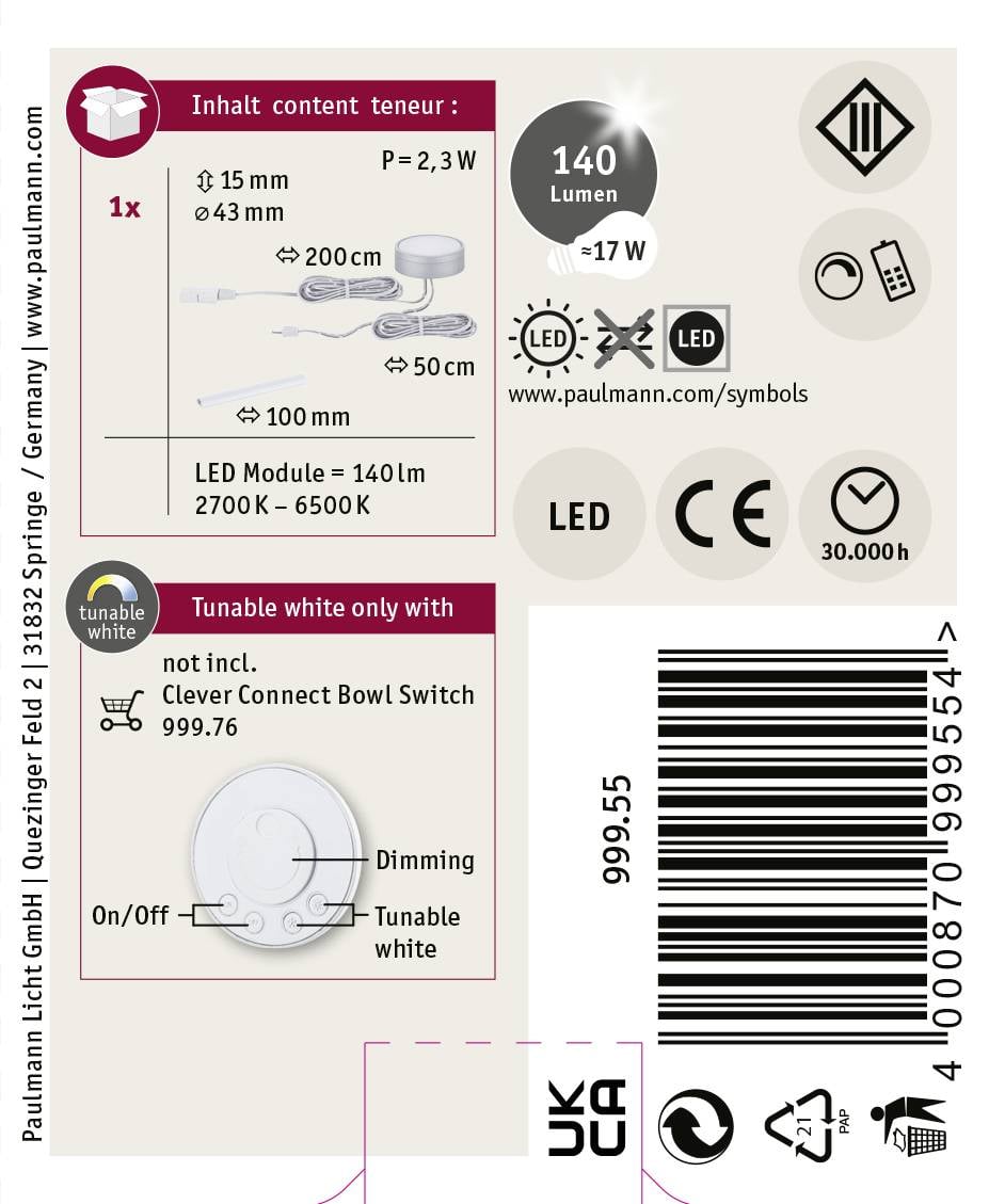 Verpackung eines LED-Moduls: 140 Lumen, 2700K-6500K, Ø43mm, 2,3W. Enthält Schaltplan. Hinweise auf steuerbares Weißlicht.